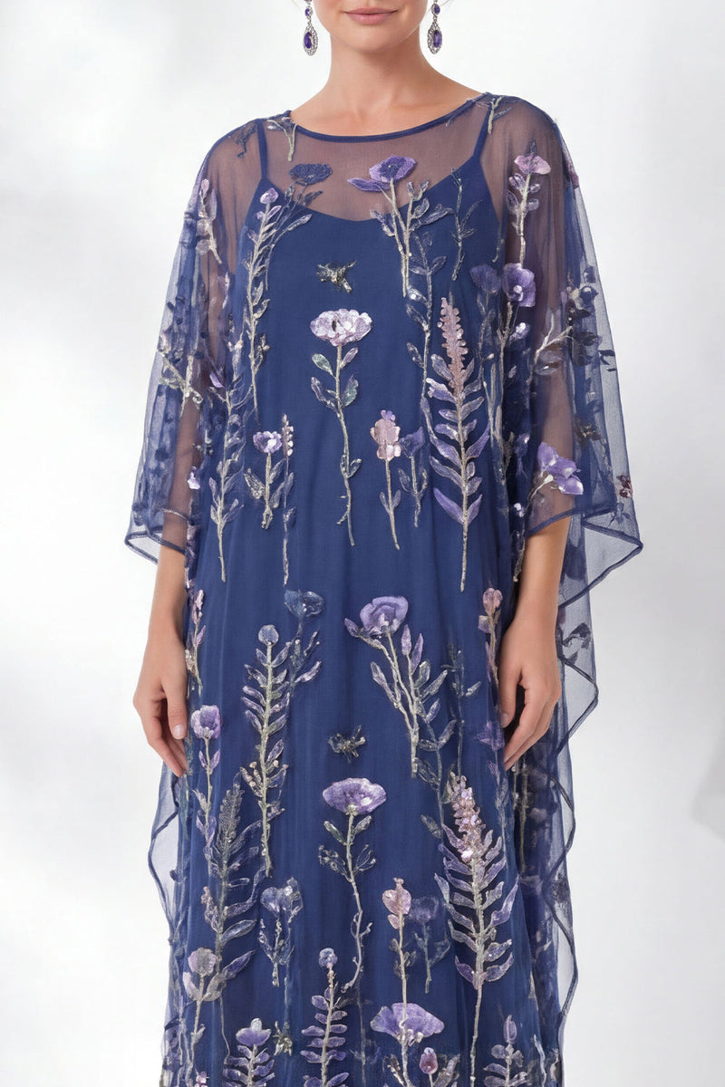 Laden Sie das Bild in den Galerie-Viewer, Marineblaue Scheide mit Blumen und rundhalsbesticktem Mutter-der-Braut-Kleid