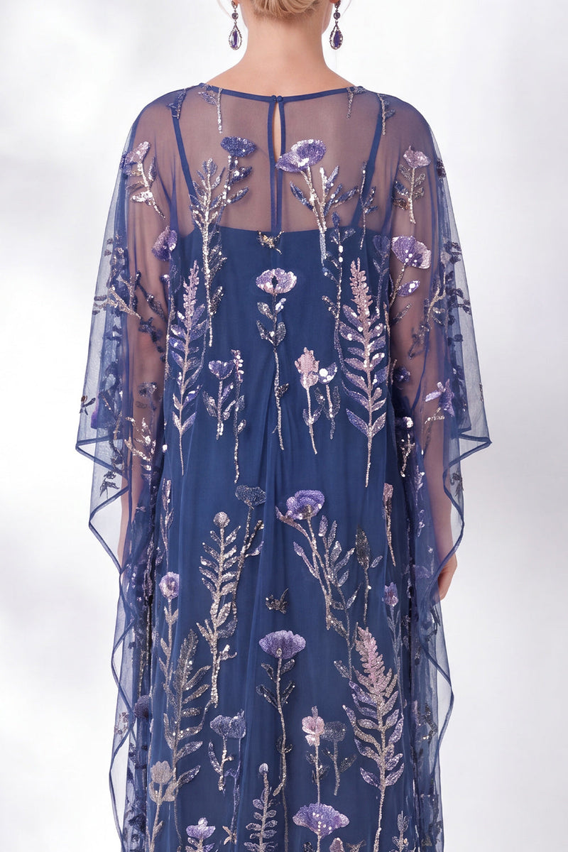 Laden Sie das Bild in den Galerie-Viewer, Marineblaue Scheide mit Blumen und rundhalsbesticktem Mutter-der-Braut-Kleid