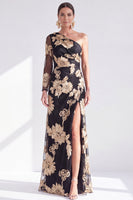 Laden Sie das Bild in den Galerie-Viewer, Einschulter Champagner Meerjungfrauen Floral Kleid mit Mutter der Braut und Schlitz