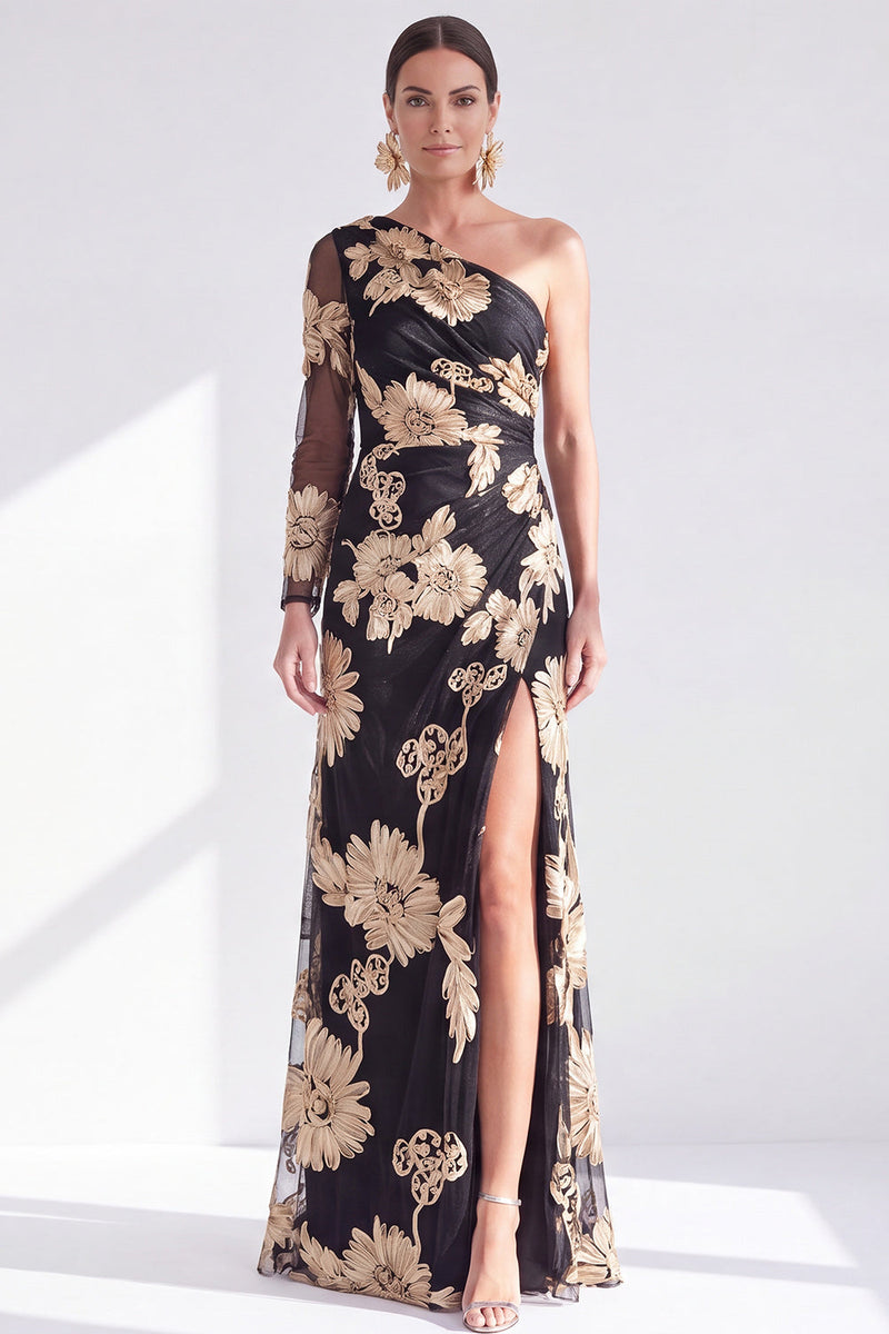 Laden Sie das Bild in den Galerie-Viewer, Einschulter Champagner Meerjungfrauen Floral Kleid mit Mutter der Braut und Schlitz