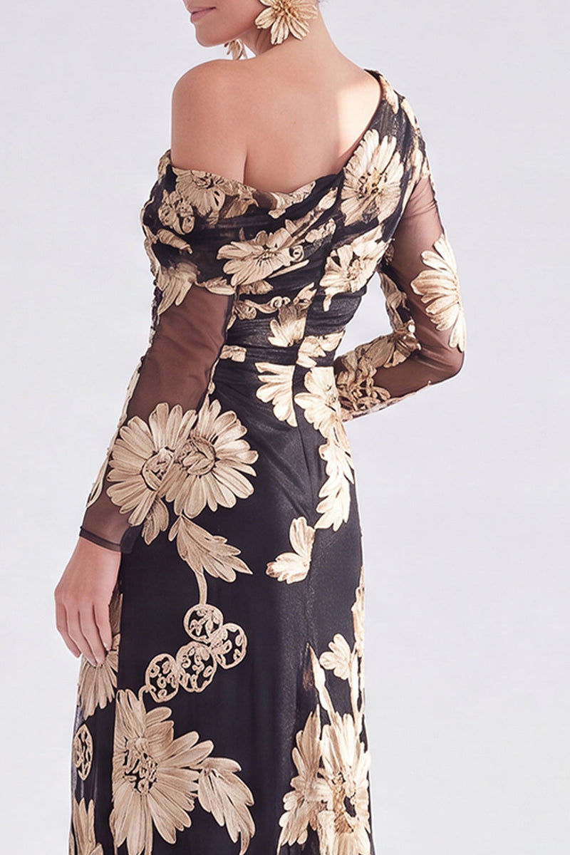 Laden Sie das Bild in den Galerie-Viewer, Einschulter Champagner Meerjungfrauen Floral Kleid mit Mutter der Braut und Schlitz