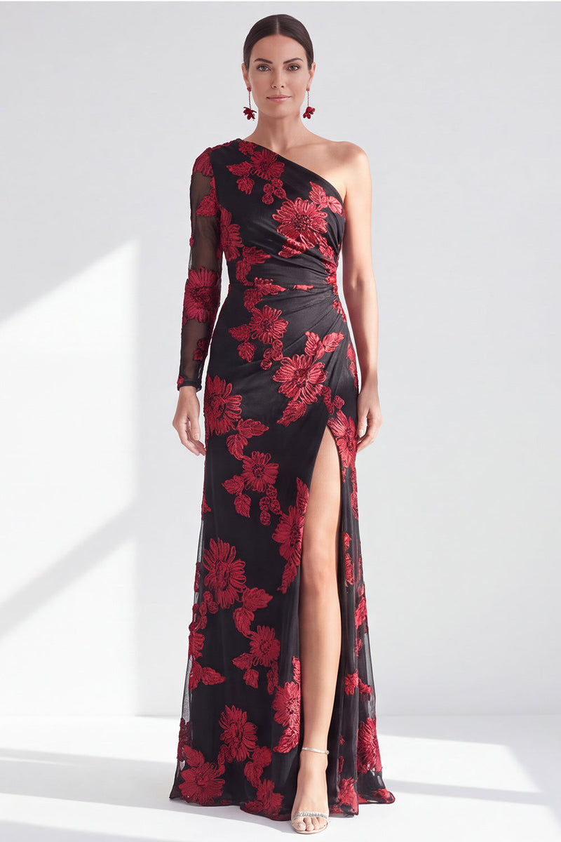 Laden Sie das Bild in den Galerie-Viewer, Einschulter Champagner Meerjungfrauen Floral Kleid mit Mutter der Braut und Schlitz