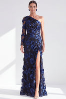Laden Sie das Bild in den Galerie-Viewer, Einschulter Champagner Meerjungfrauen Floral Kleid mit Mutter der Braut und Schlitz