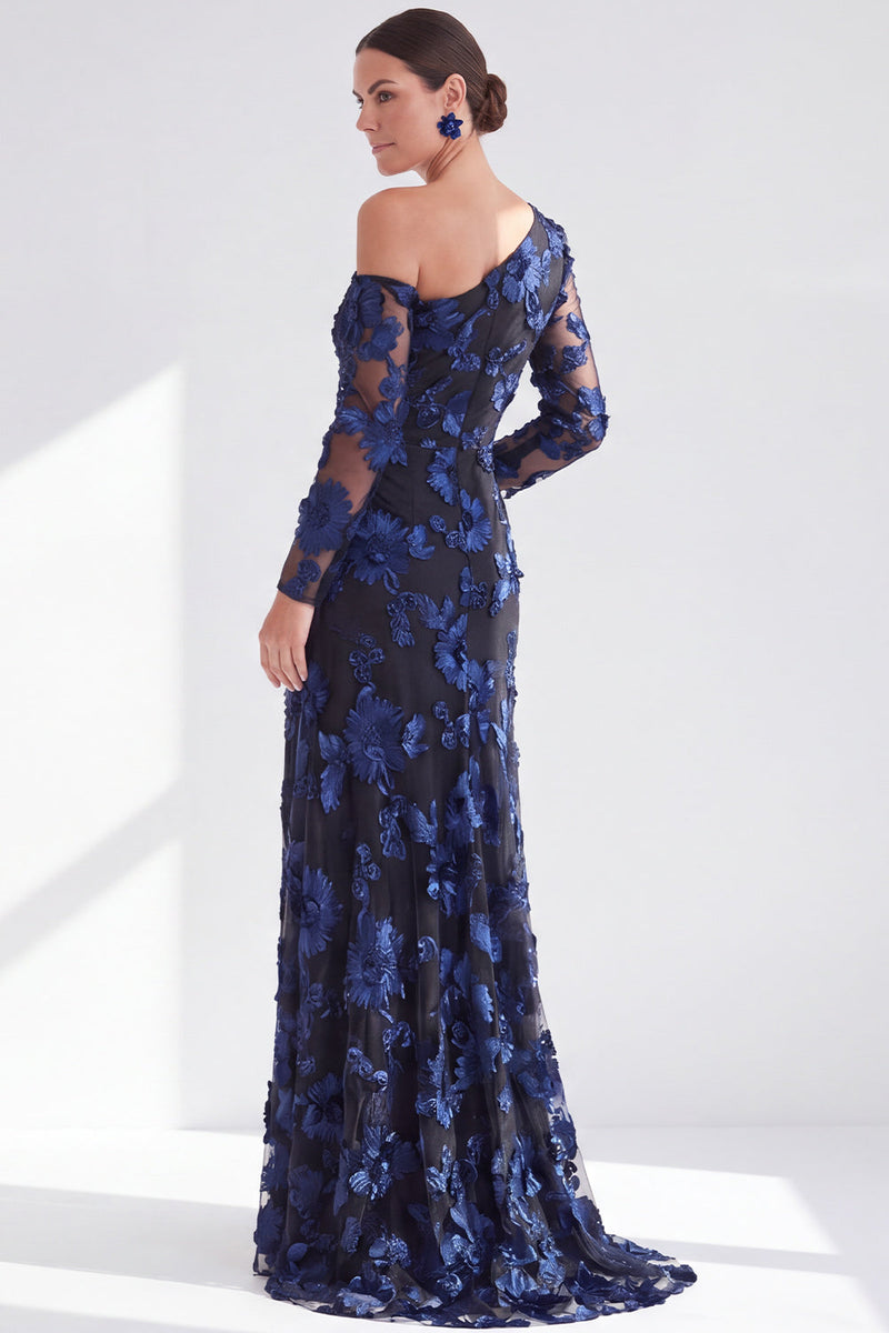Laden Sie das Bild in den Galerie-Viewer, Einschulter Champagner Meerjungfrauen Floral Kleid mit Mutter der Braut und Schlitz