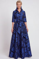 Laden Sie das Bild in den Galerie-Viewer, A-Linie Navy Floraler Jacquard Halbärmel Langes Mutter-der-Braut-Kleid mit Gürtel