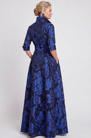 Laden Sie das Bild in den Galerie-Viewer, A-Linie Navy Floraler Jacquard Halbärmel Langes Mutter-der-Braut-Kleid mit Gürtel