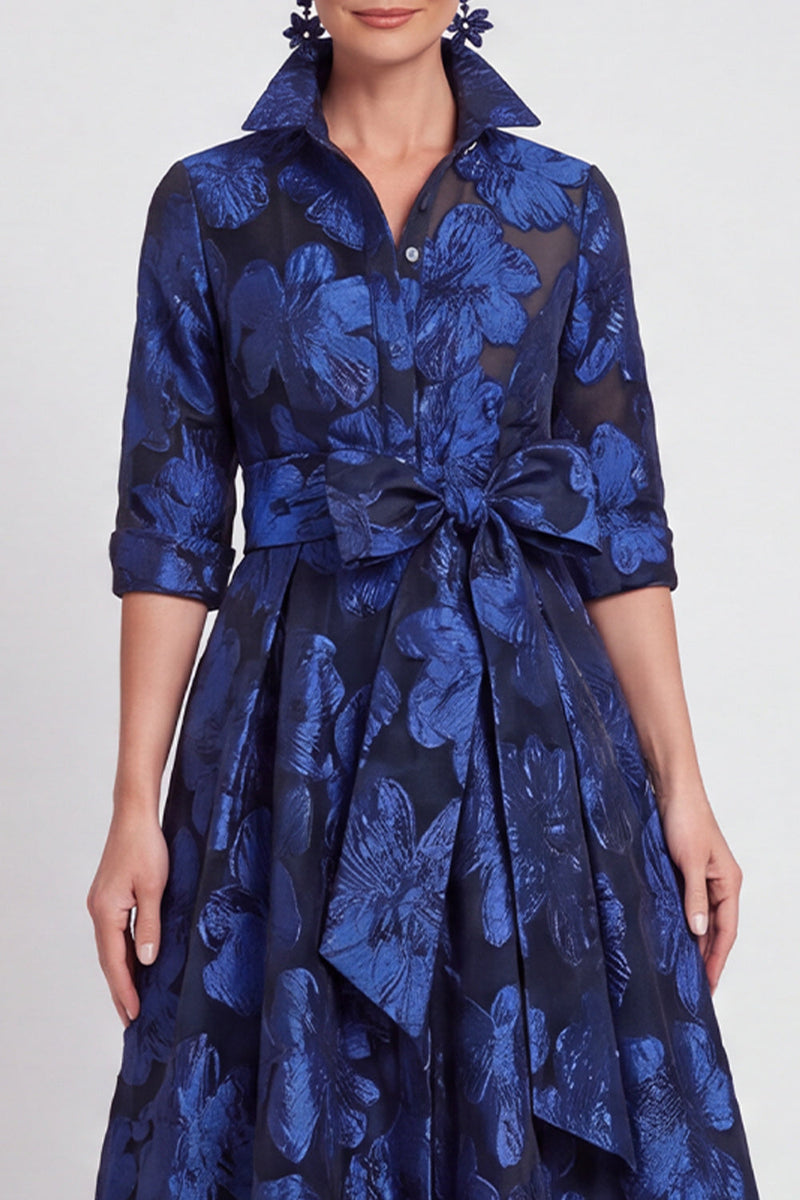 Laden Sie das Bild in den Galerie-Viewer, A-Linie Navy Floraler Jacquard Halbärmel Langes Mutter-der-Braut-Kleid mit Gürtel