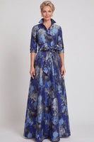 Laden Sie das Bild in den Galerie-Viewer, A-Linie Navy Floraler Jacquard Halbärmel Langes Mutter-der-Braut-Kleid mit Gürtel