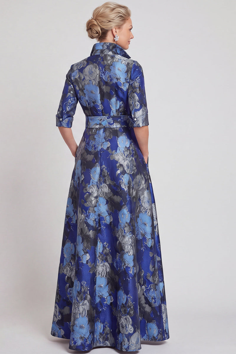 Laden Sie das Bild in den Galerie-Viewer, A-Linie Navy Floraler Jacquard Halbärmel Langes Mutter-der-Braut-Kleid mit Gürtel