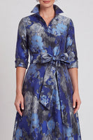 Laden Sie das Bild in den Galerie-Viewer, A-Linie Navy Floraler Jacquard Halbärmel Langes Mutter-der-Braut-Kleid mit Gürtel