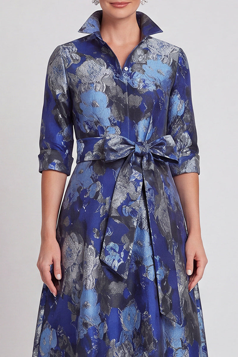 Laden Sie das Bild in den Galerie-Viewer, A-Linie Navy Floraler Jacquard Halbärmel Langes Mutter-der-Braut-Kleid mit Gürtel