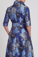 Laden Sie das Bild in den Galerie-Viewer, A-Linie Navy Floraler Jacquard Halbärmel Langes Mutter-der-Braut-Kleid mit Gürtel