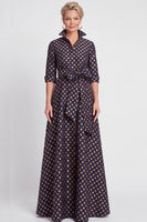 Laden Sie das Bild in den Galerie-Viewer, A-Linie Navy Floraler Jacquard Halbärmel Langes Mutter-der-Braut-Kleid mit Gürtel
