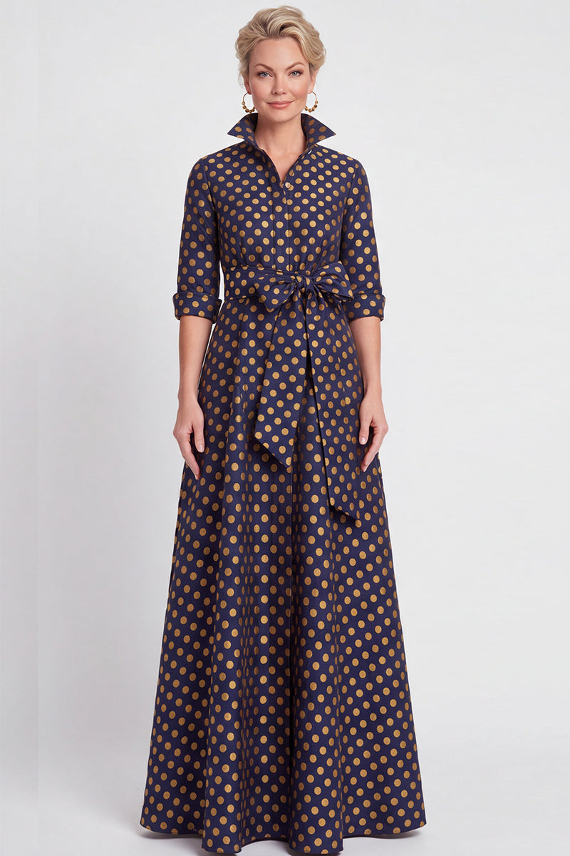 Laden Sie das Bild in den Galerie-Viewer, A-Linie Navy Floraler Jacquard Halbärmel Langes Mutter-der-Braut-Kleid mit Gürtel