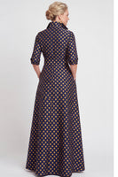 Laden Sie das Bild in den Galerie-Viewer, A-Linie Navy Floraler Jacquard Halbärmel Langes Mutter-der-Braut-Kleid mit Gürtel