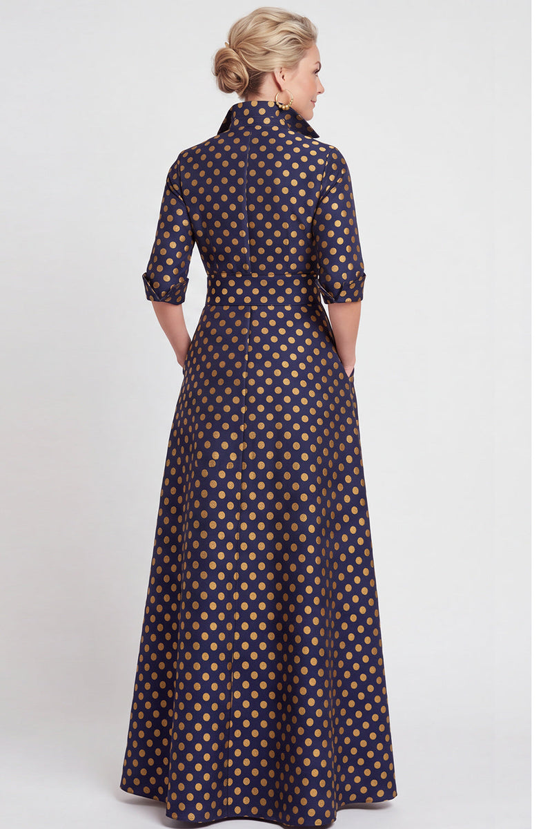 Laden Sie das Bild in den Galerie-Viewer, A-Linie Navy Floraler Jacquard Halbärmel Langes Mutter-der-Braut-Kleid mit Gürtel