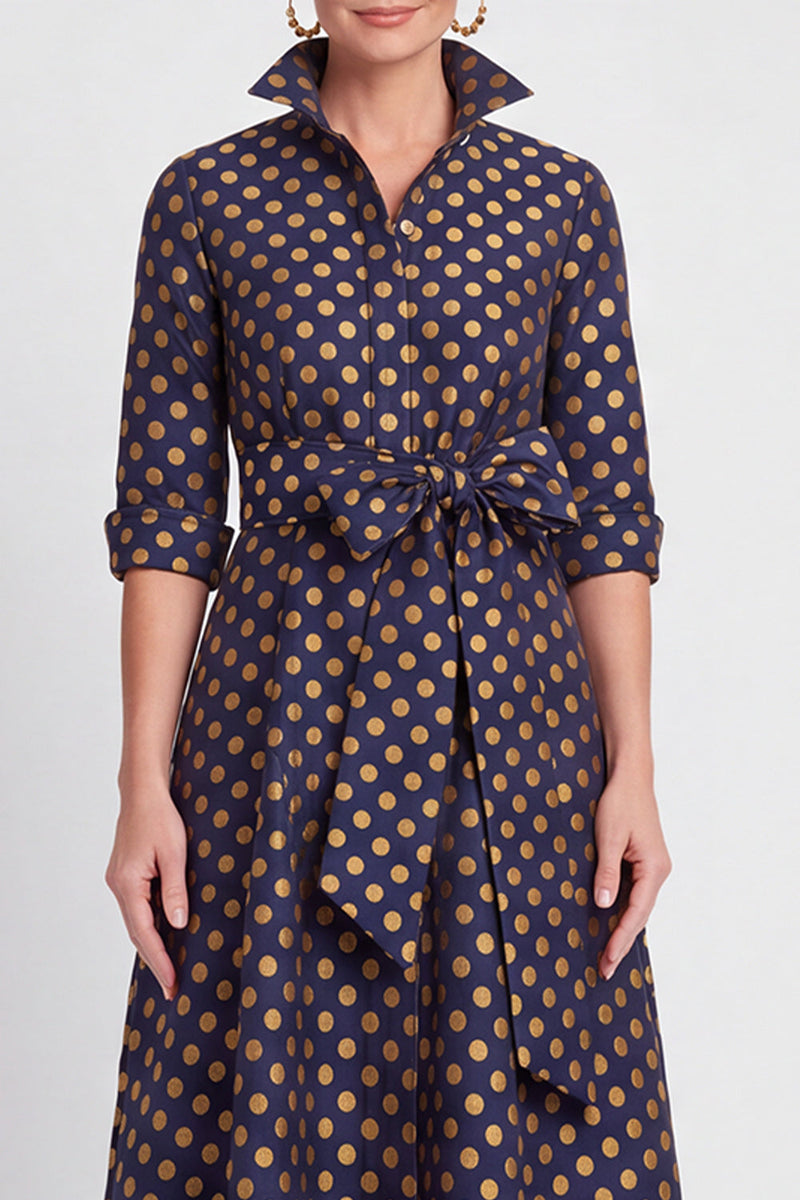 Laden Sie das Bild in den Galerie-Viewer, A-Linie Navy Floraler Jacquard Halbärmel Langes Mutter-der-Braut-Kleid mit Gürtel