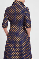 Laden Sie das Bild in den Galerie-Viewer, A-Linie Navy Floraler Jacquard Halbärmel Langes Mutter-der-Braut-Kleid mit Gürtel