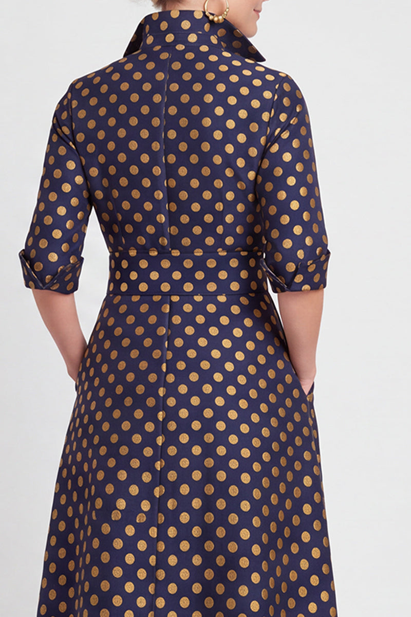 Laden Sie das Bild in den Galerie-Viewer, A-Linie Navy Floraler Jacquard Halbärmel Langes Mutter-der-Braut-Kleid mit Gürtel