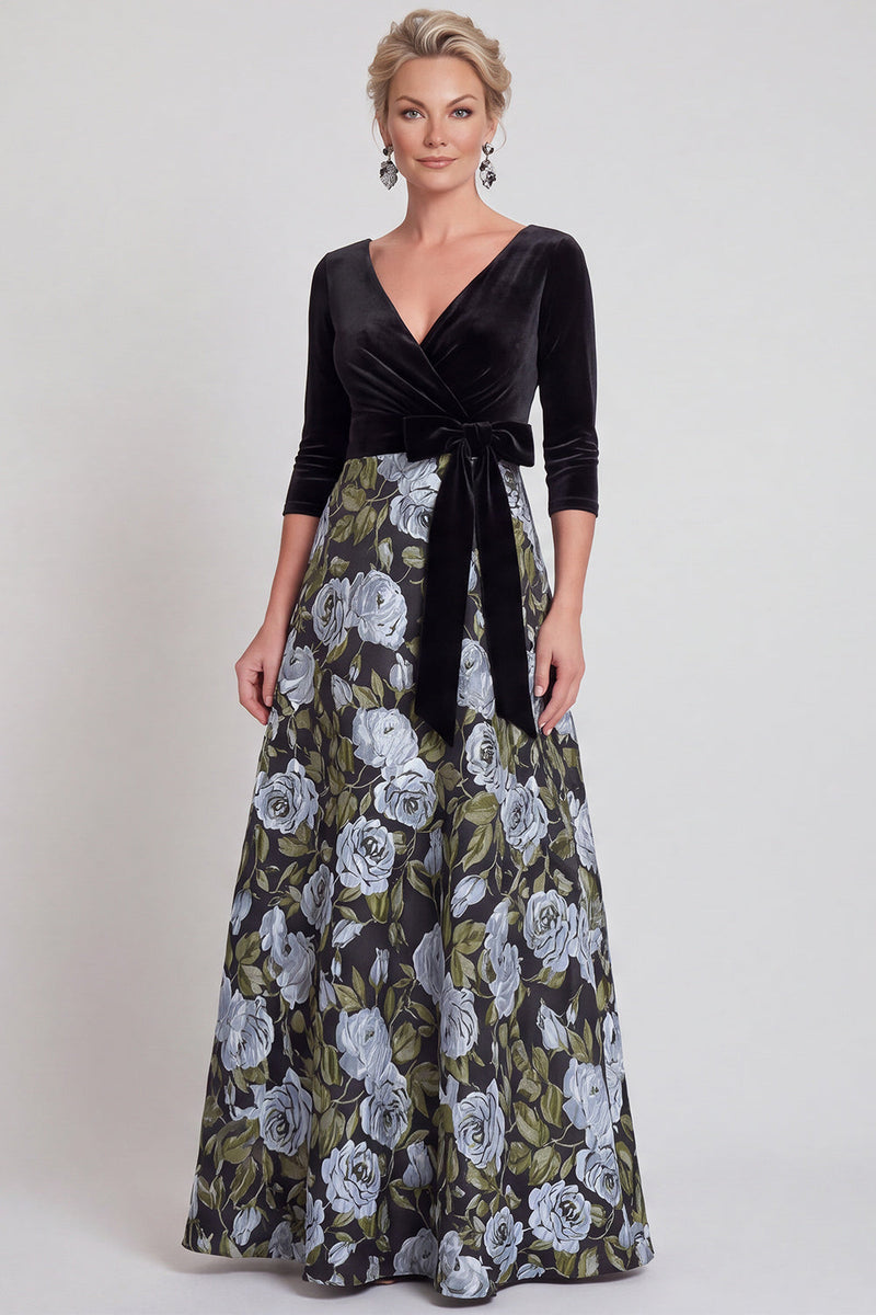 Laden Sie das Bild in den Galerie-Viewer, Blaues A-Linie V-Ausschnitt Langes Mutter der Braut Kleid mit 3/4-Ärmeln