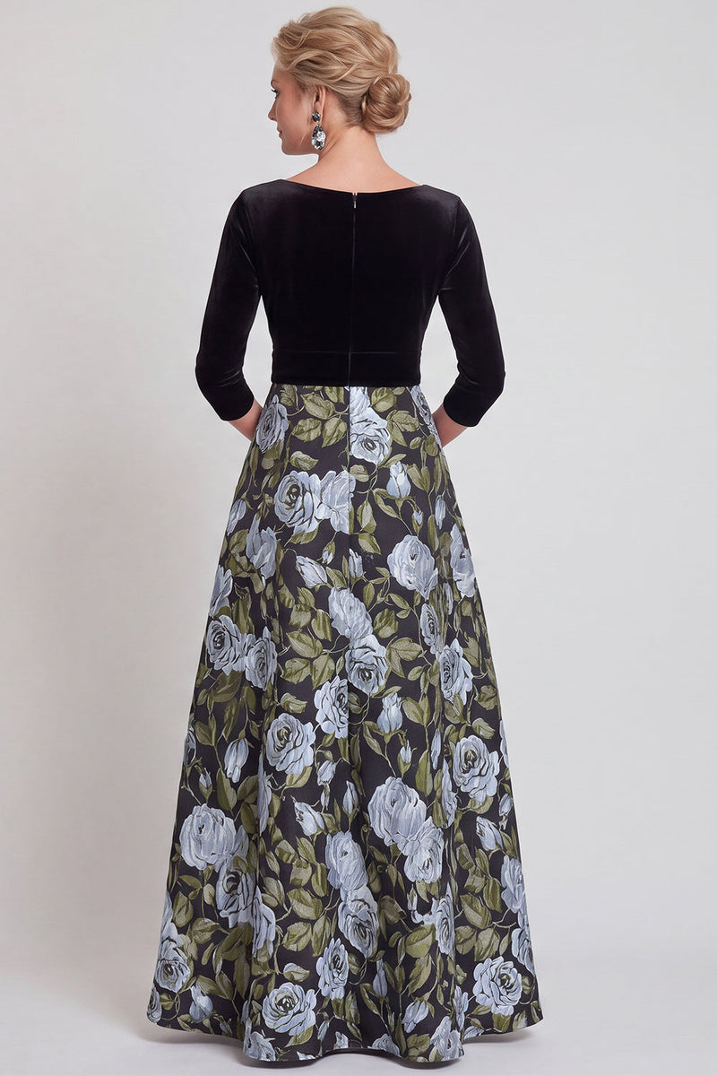 Laden Sie das Bild in den Galerie-Viewer, Blaues A-Linie V-Ausschnitt Langes Mutter der Braut Kleid mit 3/4-Ärmeln