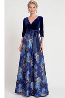 Laden Sie das Bild in den Galerie-Viewer, Blaues A-Linie V-Ausschnitt Langes Mutter der Braut Kleid mit 3/4-Ärmeln