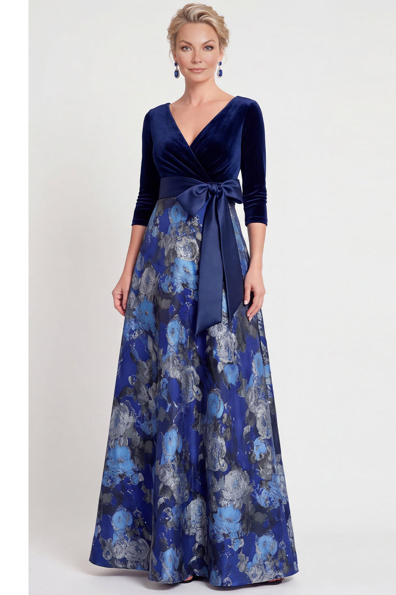 Laden Sie das Bild in den Galerie-Viewer, Blaues A-Linie V-Ausschnitt Langes Mutter der Braut Kleid mit 3/4-Ärmeln