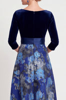Laden Sie das Bild in den Galerie-Viewer, Blaues A-Linie V-Ausschnitt Langes Mutter der Braut Kleid mit 3/4-Ärmeln