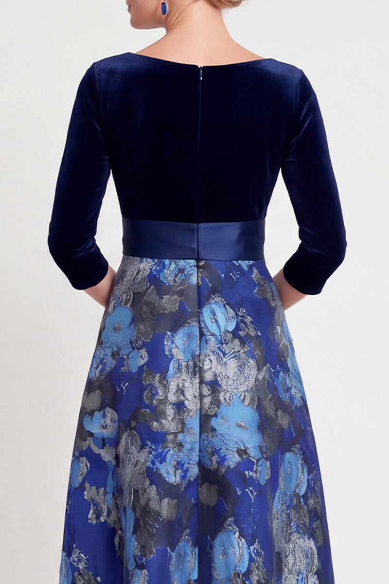 Laden Sie das Bild in den Galerie-Viewer, Blaues A-Linie V-Ausschnitt Langes Mutter der Braut Kleid mit 3/4-Ärmeln