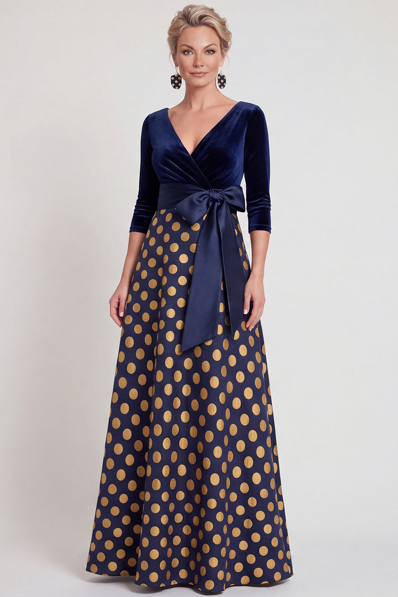 Laden Sie das Bild in den Galerie-Viewer, Blaues A-Linie V-Ausschnitt Langes Mutter der Braut Kleid mit 3/4-Ärmeln