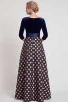 Laden Sie das Bild in den Galerie-Viewer, Blaues A-Linie V-Ausschnitt Langes Mutter der Braut Kleid mit 3/4-Ärmeln