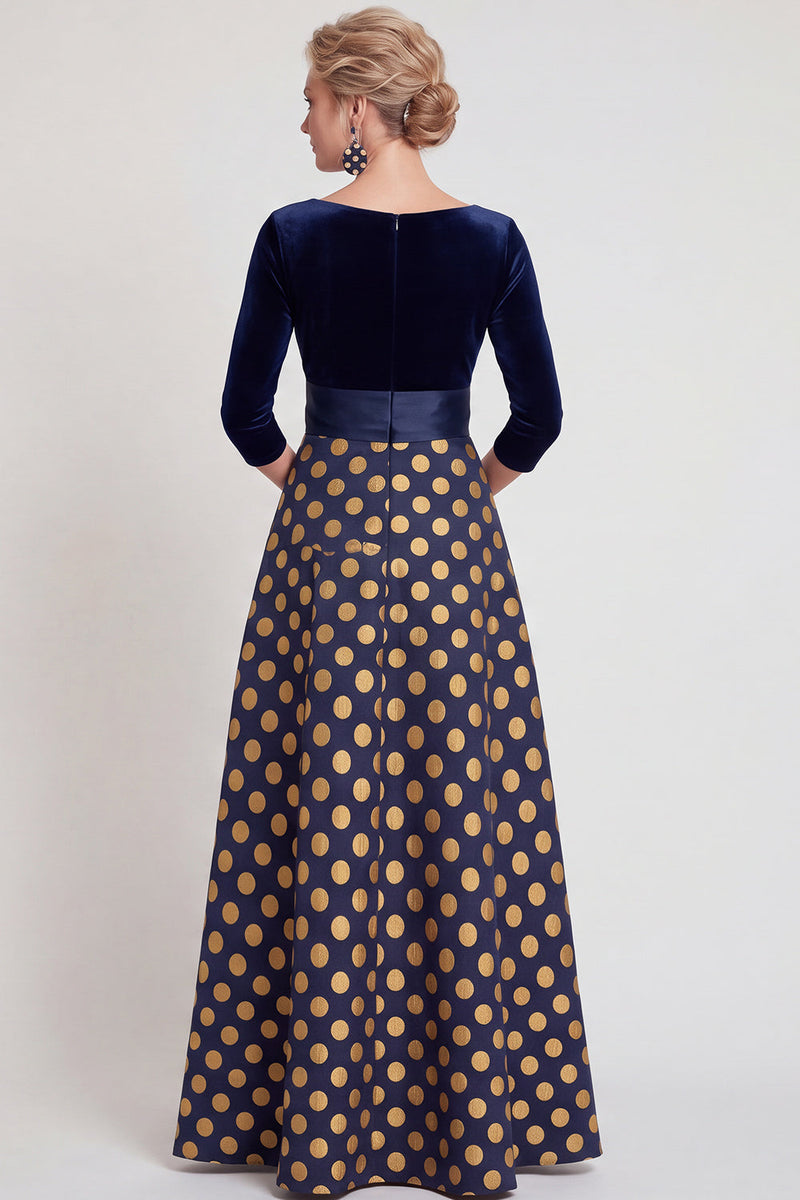 Laden Sie das Bild in den Galerie-Viewer, Blaues A-Linie V-Ausschnitt Langes Mutter der Braut Kleid mit 3/4-Ärmeln