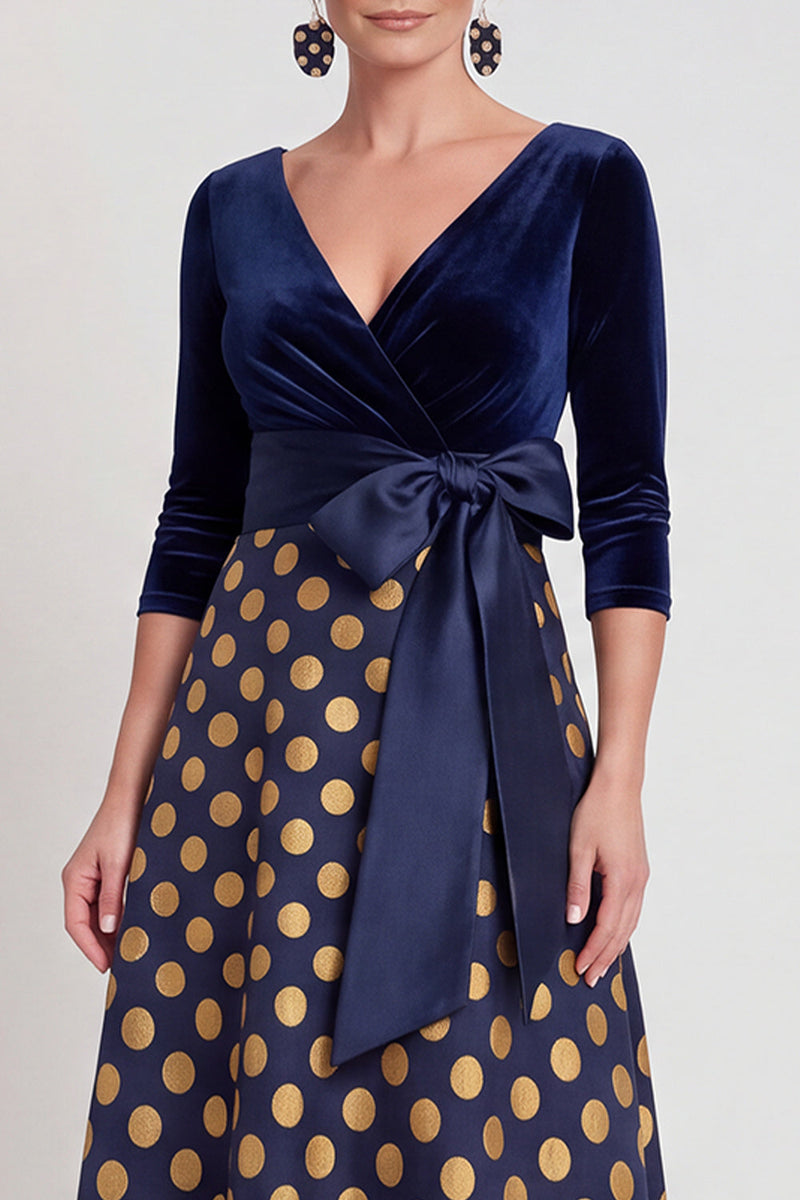 Laden Sie das Bild in den Galerie-Viewer, Blaues A-Linie V-Ausschnitt Langes Mutter der Braut Kleid mit 3/4-Ärmeln
