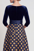 Laden Sie das Bild in den Galerie-Viewer, Blaues A-Linie V-Ausschnitt Langes Mutter der Braut Kleid mit 3/4-Ärmeln
