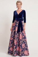 Laden Sie das Bild in den Galerie-Viewer, Blaues A-Linie V-Ausschnitt Langes Mutter der Braut Kleid mit 3/4-Ärmeln