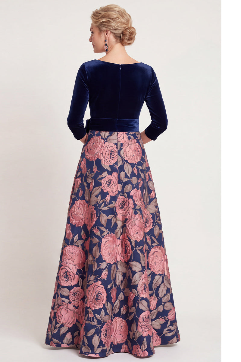 Laden Sie das Bild in den Galerie-Viewer, Blaues A-Linie V-Ausschnitt Langes Mutter der Braut Kleid mit 3/4-Ärmeln