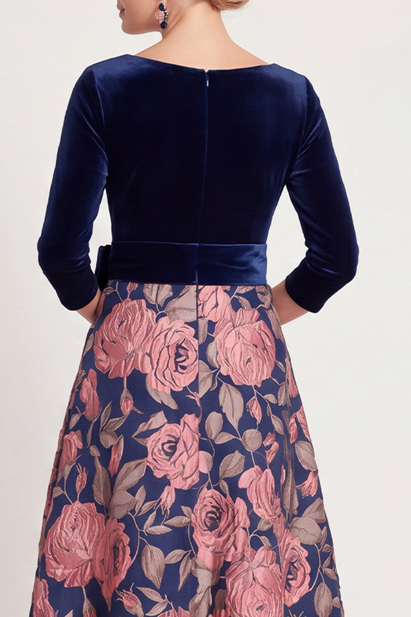 Laden Sie das Bild in den Galerie-Viewer, Blaues A-Linie V-Ausschnitt Langes Mutter der Braut Kleid mit 3/4-Ärmeln