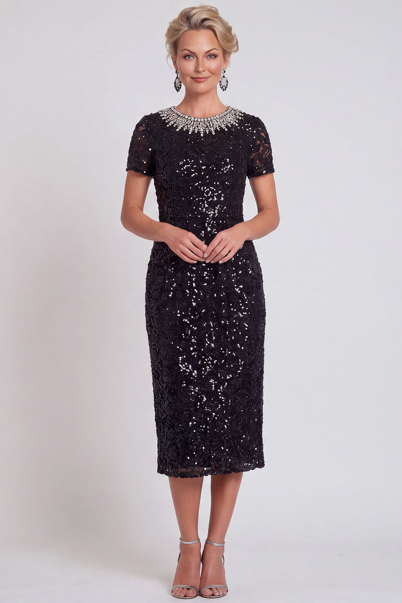 Laden Sie das Bild in den Galerie-Viewer, Glitzerndes Schwarzes Pailletten Runden Ausschnitt Bodycon Midi Mutter-der-Braut-Kleid mit Perlen