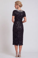 Laden Sie das Bild in den Galerie-Viewer, Glitzerndes Schwarzes Pailletten Runden Ausschnitt Bodycon Midi Mutter-der-Braut-Kleid mit Perlen