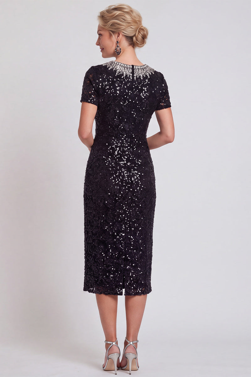 Laden Sie das Bild in den Galerie-Viewer, Glitzerndes Schwarzes Pailletten Runden Ausschnitt Bodycon Midi Mutter-der-Braut-Kleid mit Perlen