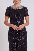 Laden Sie das Bild in den Galerie-Viewer, Glitzerndes Schwarzes Pailletten Runden Ausschnitt Bodycon Midi Mutter-der-Braut-Kleid mit Perlen