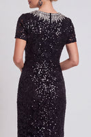 Laden Sie das Bild in den Galerie-Viewer, Glitzerndes Schwarzes Pailletten Runden Ausschnitt Bodycon Midi Mutter-der-Braut-Kleid mit Perlen