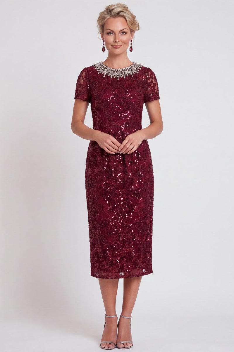 Laden Sie das Bild in den Galerie-Viewer, Glitzerndes Schwarzes Pailletten Runden Ausschnitt Bodycon Midi Mutter-der-Braut-Kleid mit Perlen