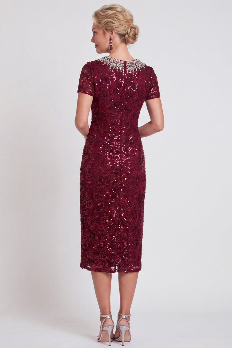 Laden Sie das Bild in den Galerie-Viewer, Glitzerndes Schwarzes Pailletten Runden Ausschnitt Bodycon Midi Mutter-der-Braut-Kleid mit Perlen