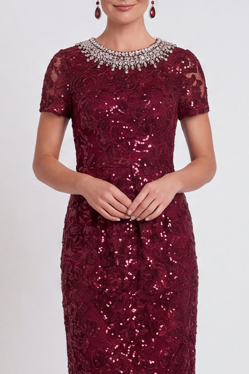 Laden Sie das Bild in den Galerie-Viewer, Glitzerndes Schwarzes Pailletten Runden Ausschnitt Bodycon Midi Mutter-der-Braut-Kleid mit Perlen