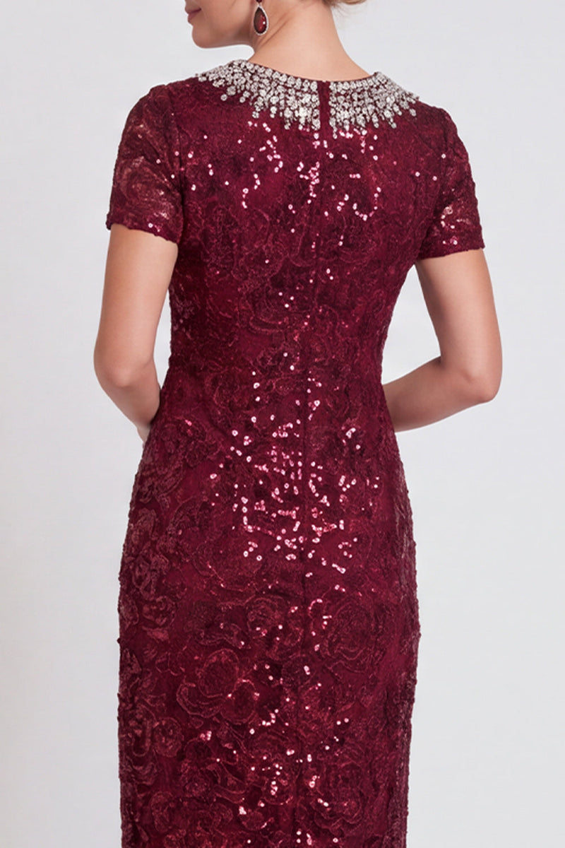Laden Sie das Bild in den Galerie-Viewer, Glitzerndes Schwarzes Pailletten Runden Ausschnitt Bodycon Midi Mutter-der-Braut-Kleid mit Perlen