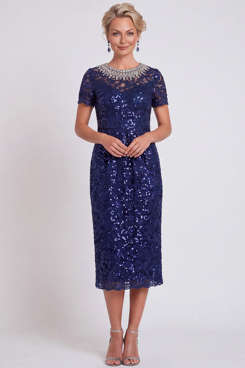Laden Sie das Bild in den Galerie-Viewer, Glitzerndes Schwarzes Pailletten Runden Ausschnitt Bodycon Midi Mutter-der-Braut-Kleid mit Perlen