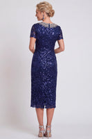 Laden Sie das Bild in den Galerie-Viewer, Glitzerndes Schwarzes Pailletten Runden Ausschnitt Bodycon Midi Mutter-der-Braut-Kleid mit Perlen