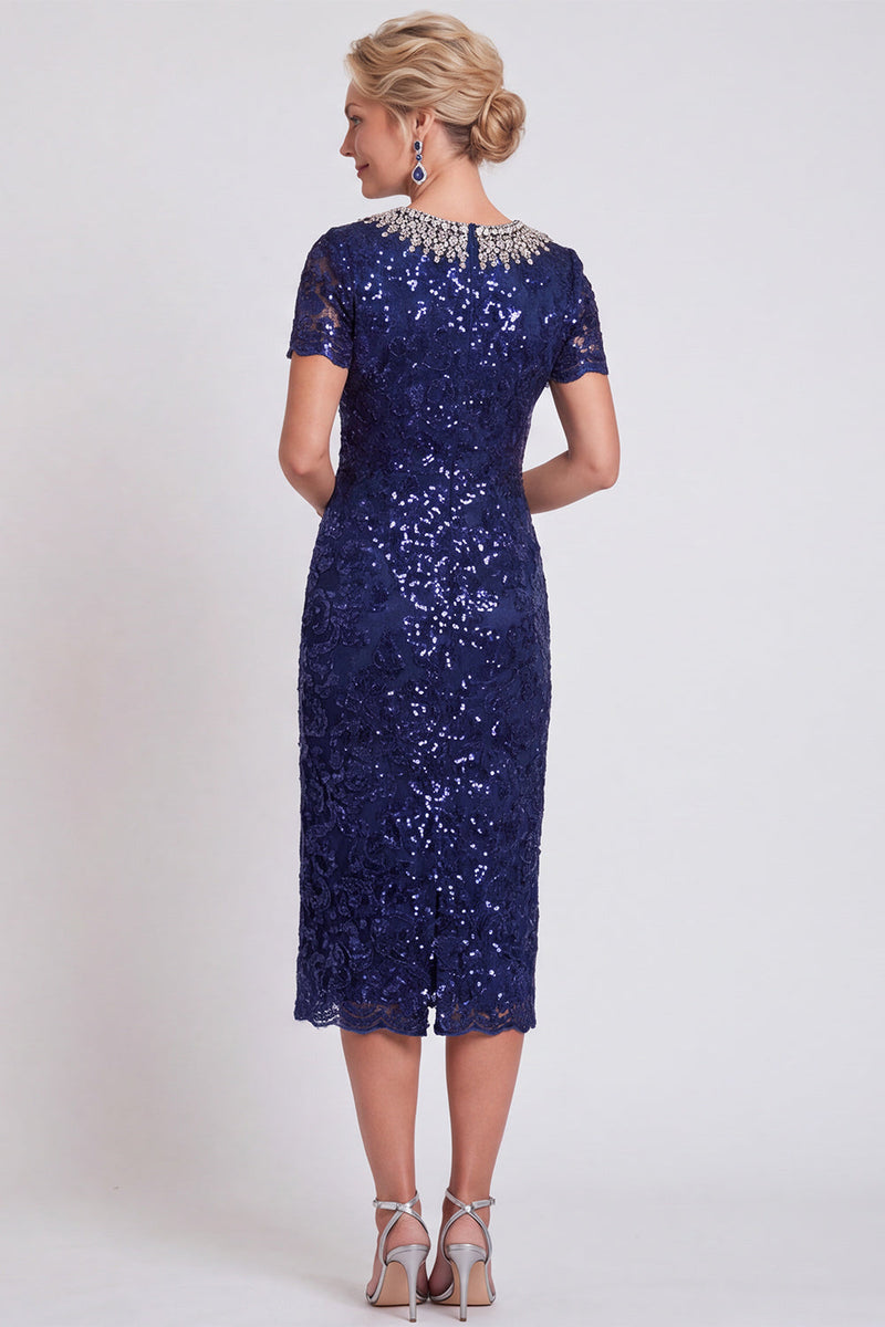 Laden Sie das Bild in den Galerie-Viewer, Glitzerndes Schwarzes Pailletten Runden Ausschnitt Bodycon Midi Mutter-der-Braut-Kleid mit Perlen