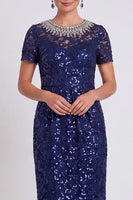 Laden Sie das Bild in den Galerie-Viewer, Glitzerndes Schwarzes Pailletten Runden Ausschnitt Bodycon Midi Mutter-der-Braut-Kleid mit Perlen